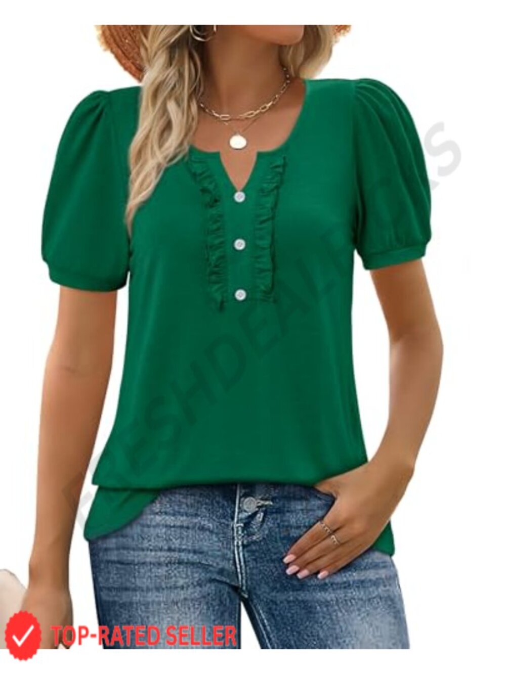 Women's Puff Short Sleeve Ruffle V Neck Blouse Dressy Casual Tunic Top